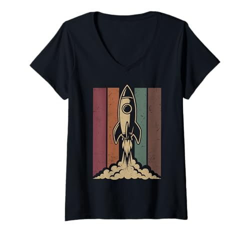 Damen Raketenstart Vintage Weltraum Science Fiction Retro Rakete T-Shirt mit V-Ausschnitt Damen Raketenstart Vintage Weltraum Science Fiction Retro Rakete T-Shirt mit V-Ausschnitt von Simply Vintage Art