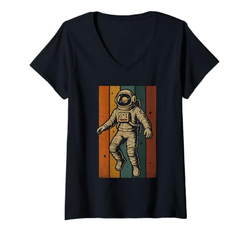 Damen Retro Astronaut Vintage Weltraum Science Fiction Art T-Shirt mit V-Ausschnitt Damen Retro Astronaut Vintage Weltraum Science Fiction Art T-Shirt mit V-Ausschnitt von Simply Vintage Art