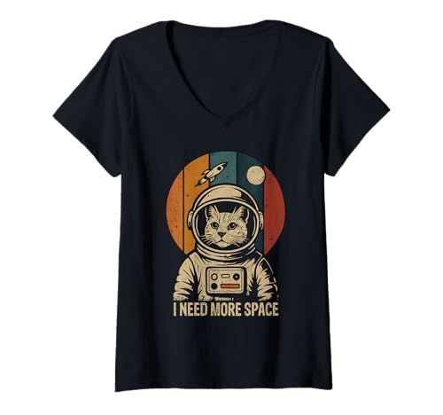 Damen Retro Katzen Astronaut Vintage Weltraum Science Fiction Art T-Shirt mit V-Ausschnitt Damen Retro Katzen Astronaut Vintage Weltraum Science Fiction Art T-Shirt mit V-Ausschnitt von Simply Vintage Art