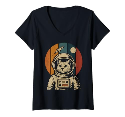 Damen Retro Katzen Astronaut Vintage Weltraum Science Fiction Art T-Shirt mit V-Ausschnitt Damen Retro Katzen Astronaut Vintage Weltraum Science Fiction Art T-Shirt mit V-Ausschnitt von Simply Vintage Art