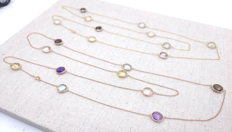 18K Solid Gelbgold 32 "Halskette Mit 8 Mm Doppelseitiger Schachbrett Runder Halbedelstein, Jubiläum Liebe Brautdusche Geschenk von SimplyJewelry18
