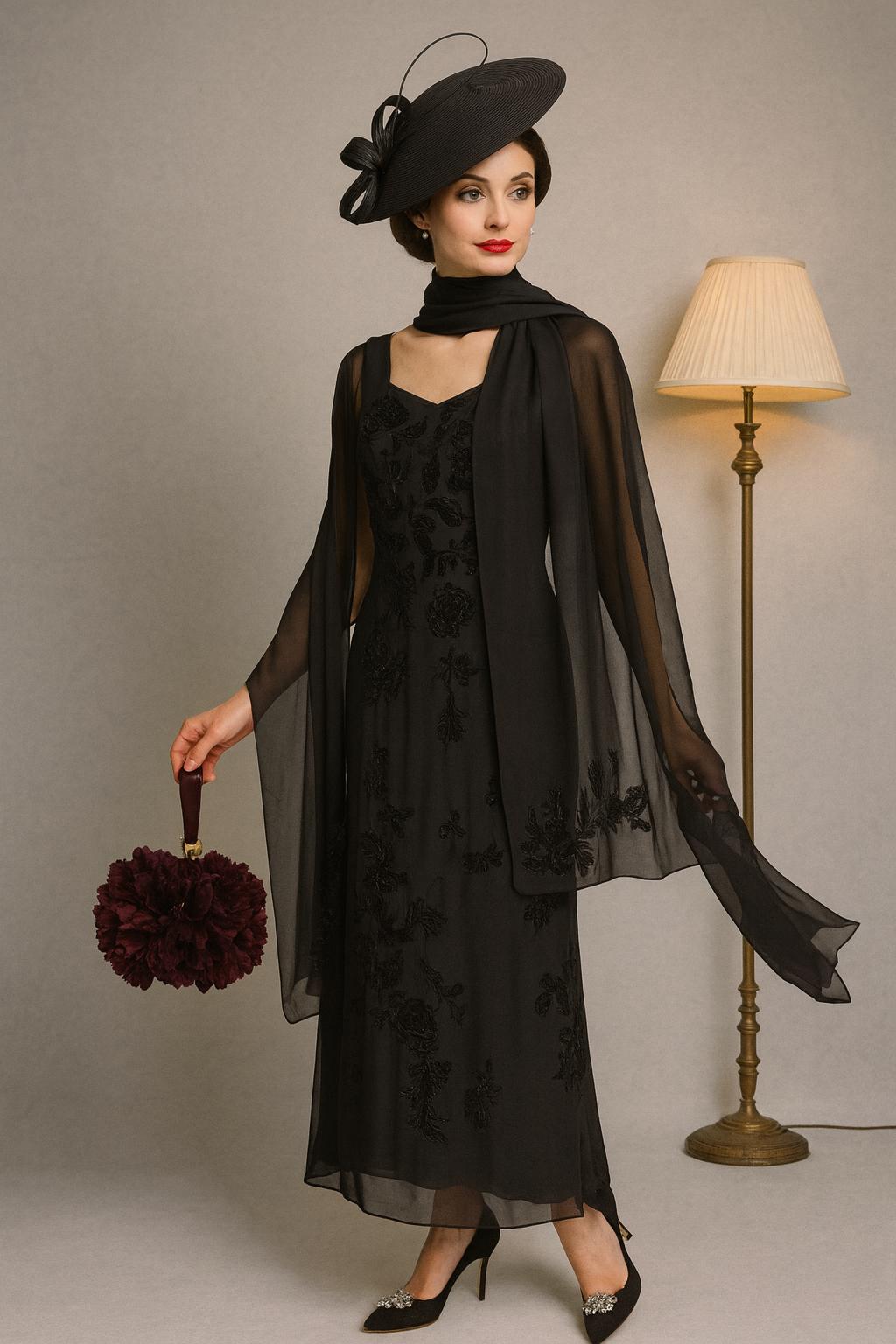 Vintage Black Silk Evening Gown By Augustat - Beaded Floral Embroidery & Sheer Scarf Size M | Eu 38/40 von SimplyOdd2014