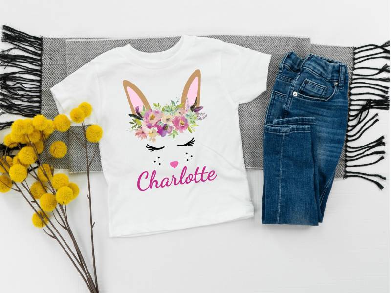 Ostern Shirt Kleinkind Mädchen, Osterhase Gesicht Name T-Shirt, Personalisierte 2 T 3 4 5 T, Boho Blumen, Benutzerdefinierte T-Shirts Für Kinder von SimplySplendidStudio