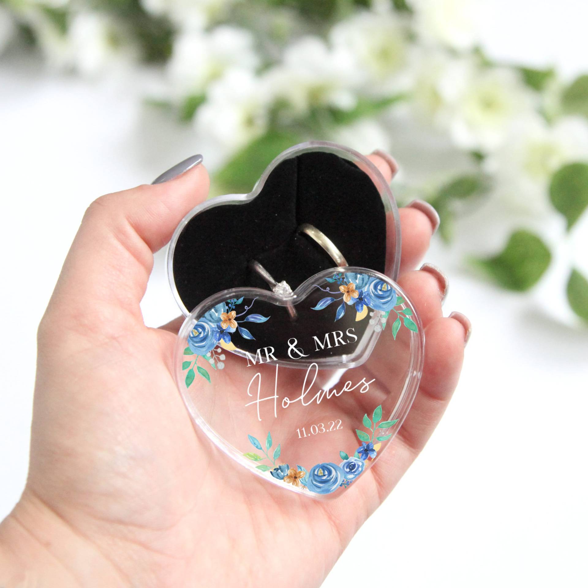 Personalisierte Klar Acryl Hochzeit Ring Box Herz Andenken Kissen Herr Frau Vorschlag Rustikale Schmuck Gedruckt Blau Erröten von SimplyUniqueUk