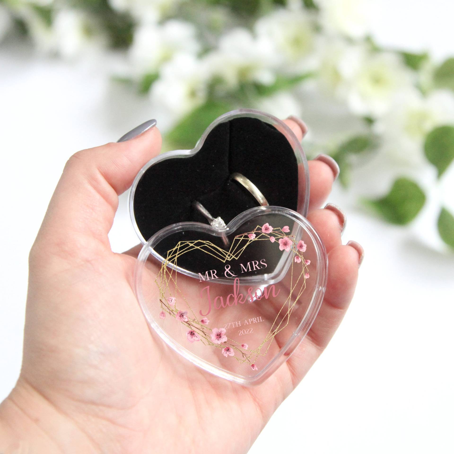 Personalisierte Klar Acryl Hochzeit Ring Box Herz Andenken Kissen Herr Frau Vorschlag Rustikale Schmuck Gedruckt Rosa Erröten von SimplyUniqueUk