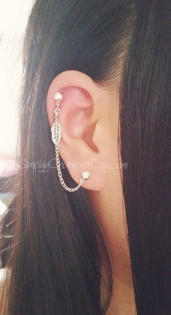Winzige Blatt Knorpel Kette Ohrring Doppel Lobe Helix Ohrmanschette, Piercing Bolzen An Kette, Kleine Feder Anhänger Winzige Blatt Knorpel Kette Ohrring Doppel Lobe Helix Ohrmanschette, Piercing Bolzen An Kette, Kleine Feder Anhänger von SimplyyCharming