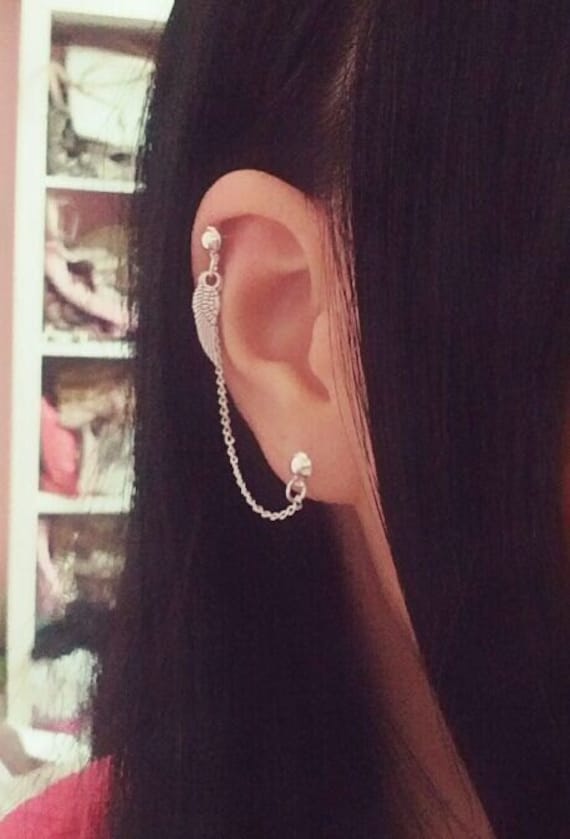 Winziger Engelsflügel Knorpelkettenohrring Double Lobe To Knorpel Helix, Doppel Piercing Ohrmanschette Oder Echtes Knorpelpiercing Winziger Engelsflügel Knorpelkettenohrring Double Lobe To Knorpel Helix, Doppel Piercing Ohrmanschette Oder Echtes Knorpelpiercing von SimplyyCharming
