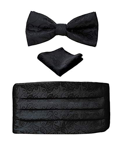 Simpowe Herren Passende Paisley Einstecktuch Fliege und Kummerbund Set Einheitsgröße Schwarz von Simpowe