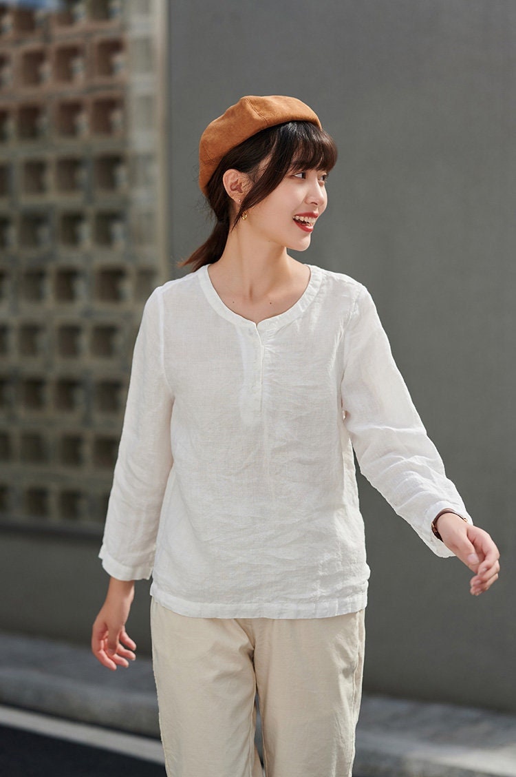 Damen Langarm Leinen Tops Frühling Oversized Weiß Shirt Tunika Top Locker Lässig Crop Plus Größe 100% Kleidung Boho F89 von SimpsonGardens