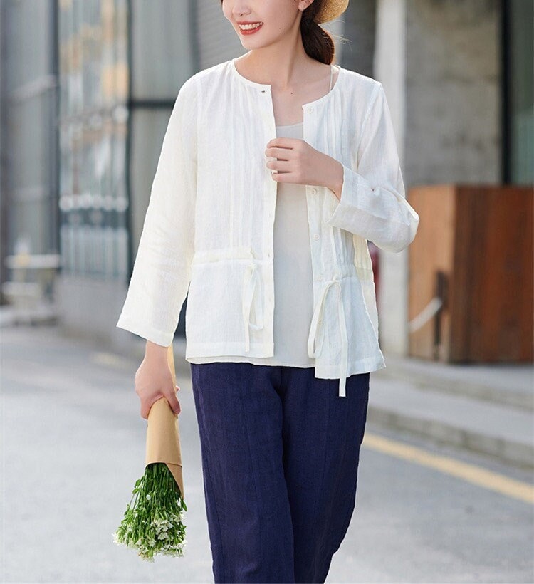 Frauen Langarm Mantel Leinen Blusen Reines Cardigan Benutzerdefinierte Oversize Lose Weich Lässig Tops Kleidung Plus Size F245 von SimpsonGardens