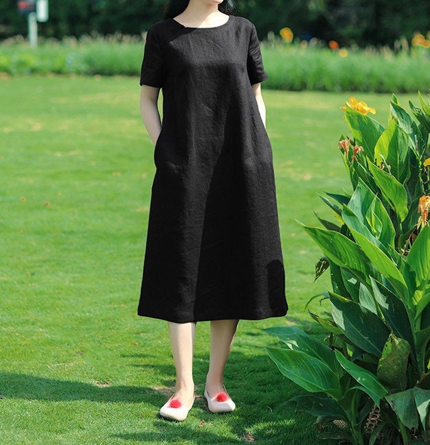 Damenkleider Locker Kurzärmeliges Leinenkleid Sommerleinen Lässig Oversized Kleidung Leinen Maxikleid Mit Tasche Plus Size F227 von SimpsonGardens