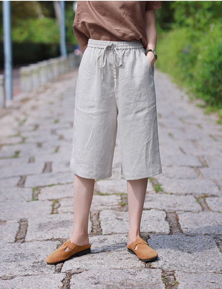 Sommer Leinen Shorts Hohe Taille Gerade Locker Lässig Kurze Hose Mit Taschen 100% Kleidung Frauen Natur F187 von SimpsonGardens