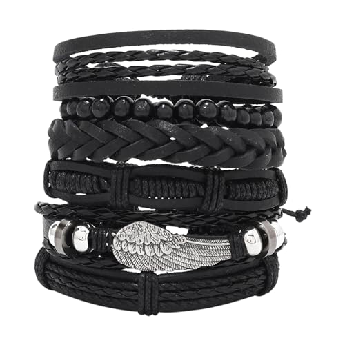 Simsky 6er Set Vintage Lederarmbänder mit Holzperlen für Männer und Frauen, verstellbare geflochtene Manschette, Punk-Stil, Wickelarmband von Simsky