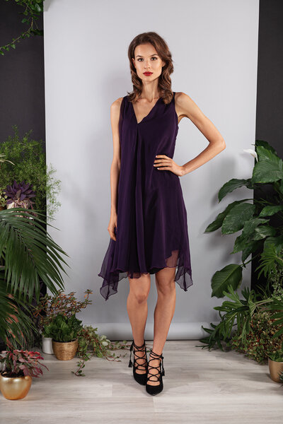 SinWeaver alternative fashion Abendkleid, kurzes Seidenkleid zweilagig lila-aubergine Tencel-Lyocel von SinWeaver alternative fashion