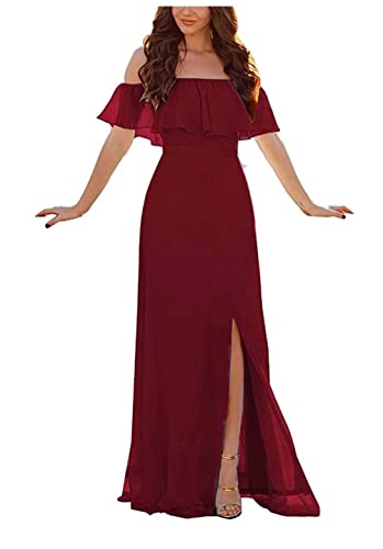 Damen Abendkleid A-Linie Chiffon Off Shoulder Brautjungfernkleid Schulterfreies Kleid Mit Seitlichem Schlitz Lange Partykleider Mit Rüschen von Sincemeet