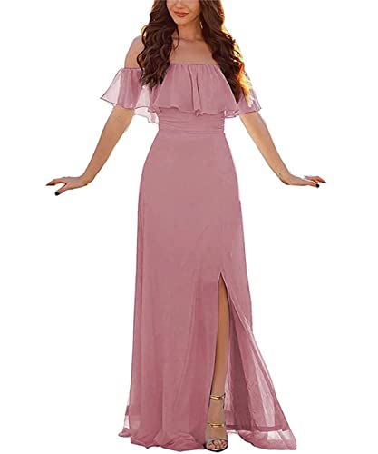 Damen Abendkleid A-Linie Chiffon Off Shoulder Brautjungfernkleid Schulterfreies Kleid Mit Seitlichem Schlitz Lange Partykleider Mit Rüschen von Sincemeet