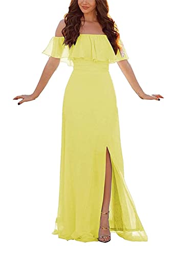 Damen Abendkleid A-Linie Chiffon Off Shoulder Brautjungfernkleid Schulterfreies Kleid Mit Seitlichem Schlitz Lange Partykleider Mit Rüschen von Sincemeet