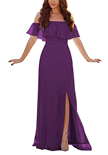 Damen Abendkleid A-Linie Chiffon Off Shoulder Brautjungfernkleid Schulterfreies Kleid Mit Seitlichem Schlitz Lange Partykleider Mit Rüschen von Sincemeet