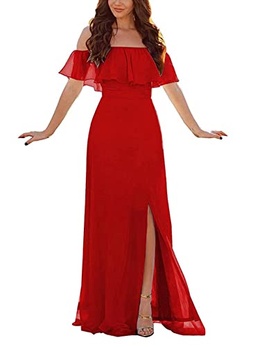 Damen Abendkleid A-Linie Chiffon Off Shoulder Brautjungfernkleid Schulterfreies Kleid Mit Seitlichem Schlitz Lange Partykleider Mit Rüschen von Sincemeet