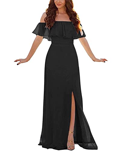 Damen Abendkleid A-Linie Chiffon Off Shoulder Brautjungfernkleid Schulterfreies Kleid Mit Seitlichem Schlitz Lange Partykleider Mit Rüschen von Sincemeet