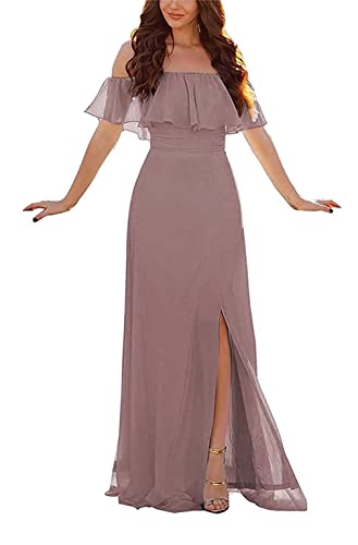 Damen Abendkleid A-Linie Chiffon Off Shoulder Brautjungfernkleid Schulterfreies Kleid Mit Seitlichem Schlitz Lange Partykleider Mit Rüschen von Sincemeet