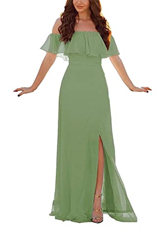 Damen Abendkleid A-Linie Chiffon Off Shoulder Brautjungfernkleid Schulterfreies Kleid Mit Seitlichem Schlitz Lange Partykleider Mit Rüschen von Sincemeet