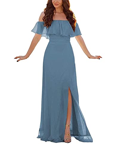 Damen Abendkleid A-Linie Chiffon Off Shoulder Brautjungfernkleid Schulterfreies Kleid Mit Seitlichem Schlitz Lange Partykleider Mit Rüschen Damen Abendkleid A-Linie Chiffon Off Shoulder Brautjungfernkleid Schulterfreies Kleid Mit Seitlichem Schlitz Lange Partykleider Mit Rüschen von Sincemeet