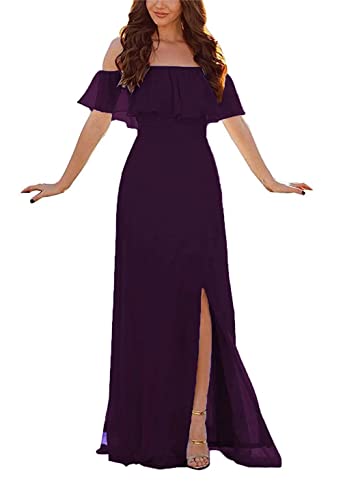 Damen Abendkleid A-Linie Chiffon Off Shoulder Brautjungfernkleid Schulterfreies Kleid Mit Seitlichem Schlitz Lange Partykleider Mit Rüschen von Sincemeet