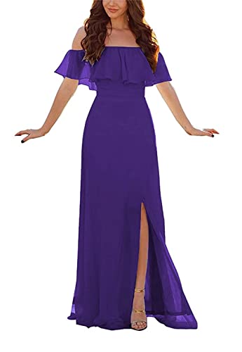 Damen Abendkleid A-Linie Chiffon Off Shoulder Brautjungfernkleid Schulterfreies Kleid Mit Seitlichem Schlitz Lange Partykleider Mit Rüschen von Sincemeet