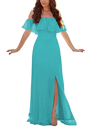 Damen Abendkleid A-Linie Chiffon Off Shoulder Brautjungfernkleid Schulterfreies Kleid Mit Seitlichem Schlitz Lange Partykleider Mit Rüschen von Sincemeet