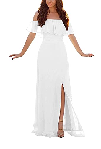 Damen Abendkleid A-Linie Chiffon Off Shoulder Brautjungfernkleid Schulterfreies Kleid Mit Seitlichem Schlitz Lange Partykleider Mit Rüschen von Sincemeet