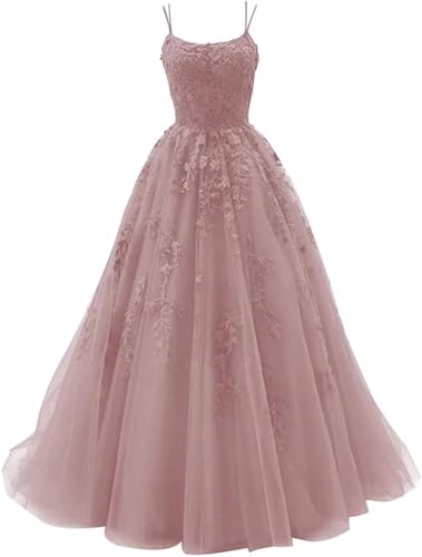 Sincemeet Damen Ballkleid aus Tüll mit Spaghettiträgern Lange Spitzenapplikationen Ballkleider A Linie formelle Party Abendkleider Ballkleider Damen Lang von Sincemeet