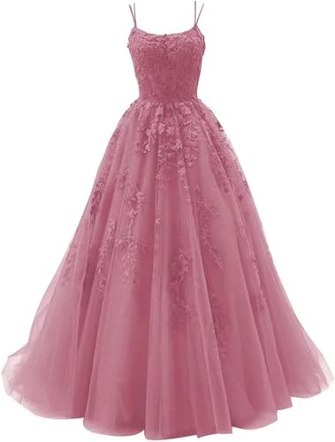 Sincemeet Damen Ballkleid aus Tüll mit Spaghettiträgern Lange Spitzenapplikationen Ballkleider A Linie formelle Party Abendkleider Ballkleider Damen Lang von Sincemeet