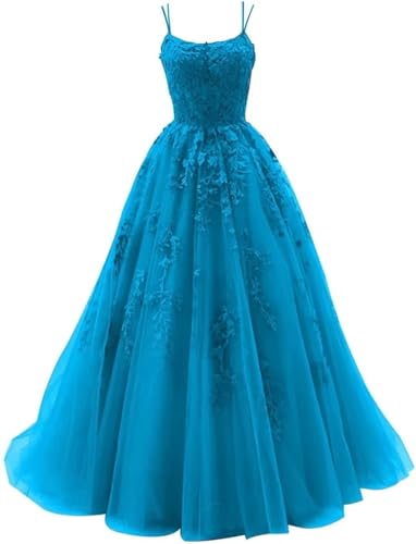 Sincemeet Damen Ballkleid aus Tüll mit Spaghettiträgern Lange Spitzenapplikationen Ballkleider A Linie formelle Party Abendkleider Ballkleider Damen Lang von Sincemeet