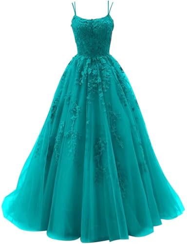 Sincemeet Damen Ballkleid aus Tüll mit Spaghettiträgern Lange Spitzenapplikationen Ballkleider A Linie formelle Party Abendkleider Ballkleider Damen Lang von Sincemeet