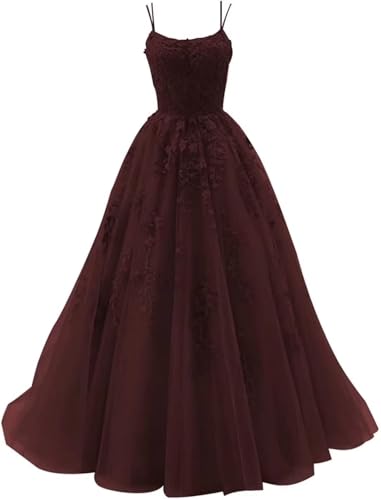 Sincemeet Damen Ballkleid aus Tüll mit Spaghettiträgern Lange Spitzenapplikationen Ballkleider A Linie formelle Party Abendkleider Ballkleider Damen Lang von Sincemeet
