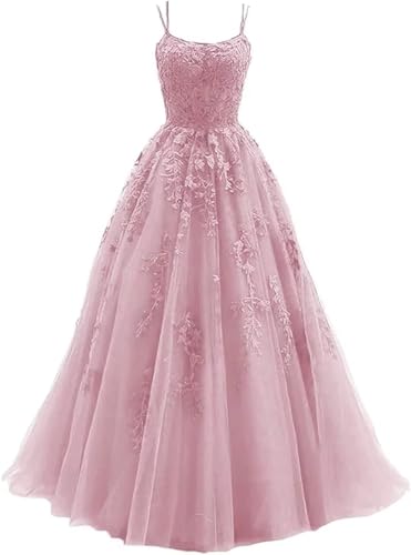 Sincemeet Damen Ballkleid aus Tüll mit Spaghettiträgern Lange Spitzenapplikationen Ballkleider A Linie formelle Party Abendkleider Ballkleider Damen Lang von Sincemeet