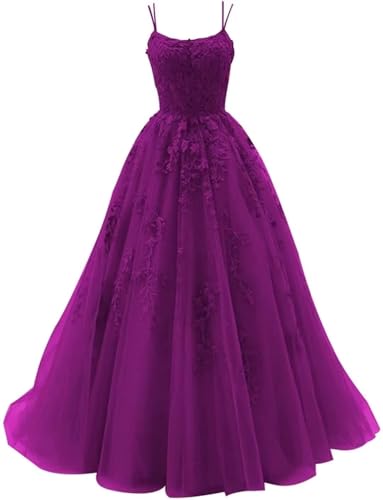 Sincemeet Damen Ballkleid aus Tüll mit Spaghettiträgern Lange Spitzenapplikationen Ballkleider A Linie formelle Party Abendkleider Ballkleider Damen Lang von Sincemeet