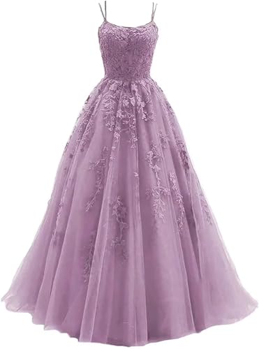 Sincemeet Damen Ballkleid aus Tüll mit Spaghettiträgern Lange Spitzenapplikationen Ballkleider A Linie formelle Party Abendkleider Ballkleider Damen Lang von Sincemeet