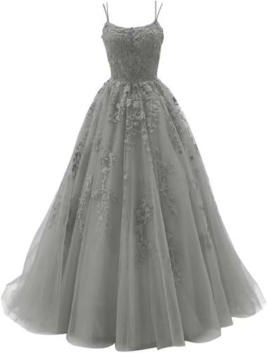 Sincemeet Damen Ballkleid aus Tüll mit Spaghettiträgern Lange Spitzenapplikationen Ballkleider A Linie formelle Party Abendkleider Ballkleider Damen Lang von Sincemeet
