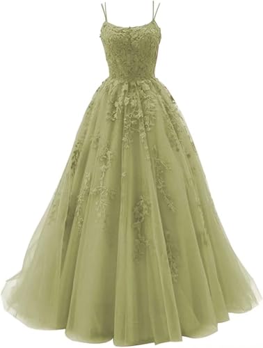 Sincemeet Damen Ballkleid aus Tüll mit Spaghettiträgern Lange Spitzenapplikationen Ballkleider A Linie formelle Party Abendkleider Ballkleider Damen Lang von Sincemeet