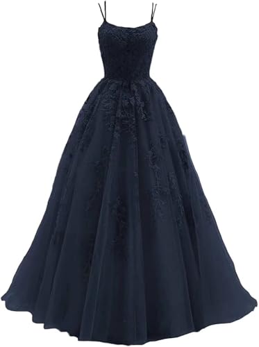 Sincemeet Damen Ballkleid aus Tüll mit Spaghettiträgern Lange Spitzenapplikationen Ballkleider A Linie formelle Party Abendkleider Ballkleider Damen Lang von Sincemeet