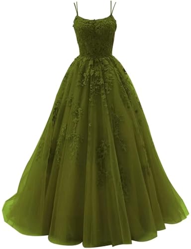 Sincemeet Damen Ballkleid aus Tüll mit Spaghettiträgern Lange Spitzenapplikationen Ballkleider A Linie formelle Party Abendkleider Ballkleider Damen Lang von Sincemeet