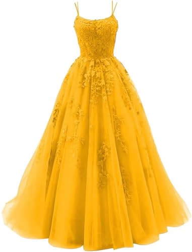 Sincemeet Damen Ballkleid aus Tüll mit Spaghettiträgern Lange Spitzenapplikationen Ballkleider A Linie formelle Party Abendkleider Ballkleider Damen Lang von Sincemeet