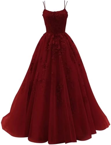 Sincemeet Damen Ballkleid aus Tüll mit Spaghettiträgern Lange Spitzenapplikationen Ballkleider A Linie formelle Party Abendkleider Ballkleider Damen Lang von Sincemeet