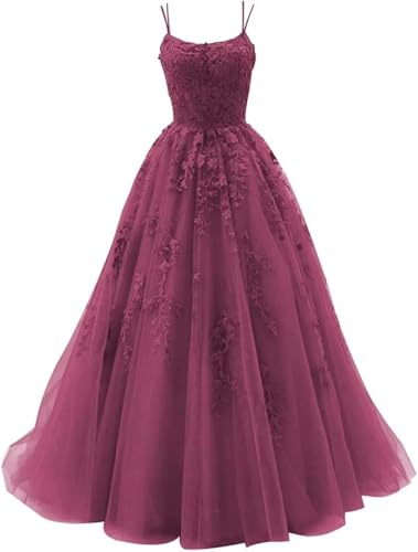 Sincemeet Damen Ballkleid aus Tüll mit Spaghettiträgern Lange Spitzenapplikationen Ballkleider A Linie formelle Party Abendkleider Ballkleider Damen Lang von Sincemeet