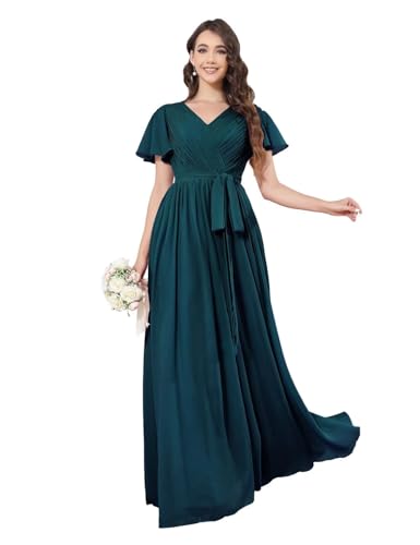 Damen Lang Brautjungfernkleider A-Linie Elegant Abendkleider V Neck Chiffon Übergröße Hochzeitsgast Kleid Mit Tasche von Sincemeet