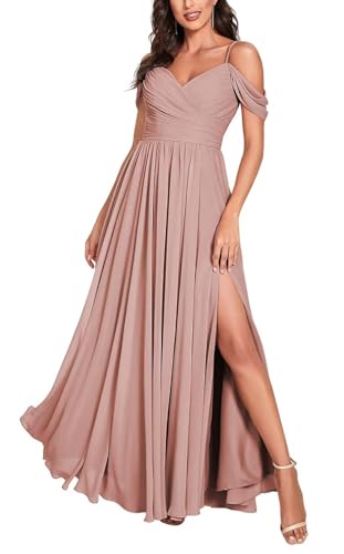 Damen Off Shoulder Brautjungfernkleider Lange Chiffon formelles Abendkleid mit Schlitz Spaghetti-Träger Partykleider von Sincemeet