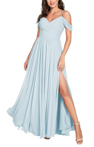 Damen Off Shoulder Brautjungfernkleider Lange Chiffon formelles Abendkleid mit Schlitz Spaghetti-Träger Partykleider von Sincemeet