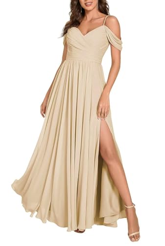 Damen Off Shoulder Brautjungfernkleider Lange Chiffon formelles Abendkleid mit Schlitz Spaghetti-Träger Partykleider von Sincemeet